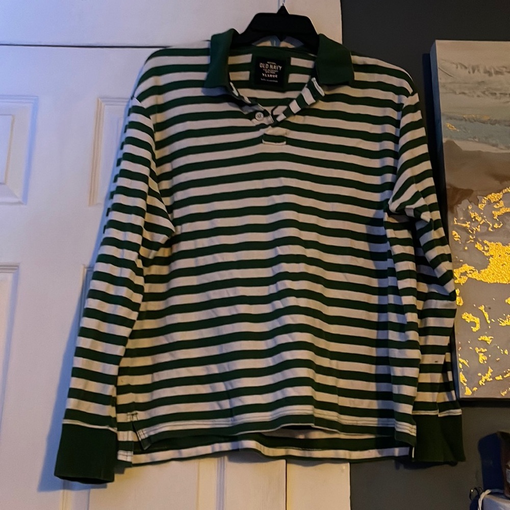 Old Navy Green and White striped rugby shirt